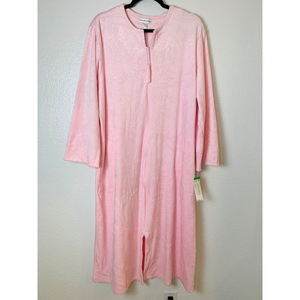 Miss Elaine Long Robe Women Large Pink Plush Loungewear NWT  Zip Front Tassel